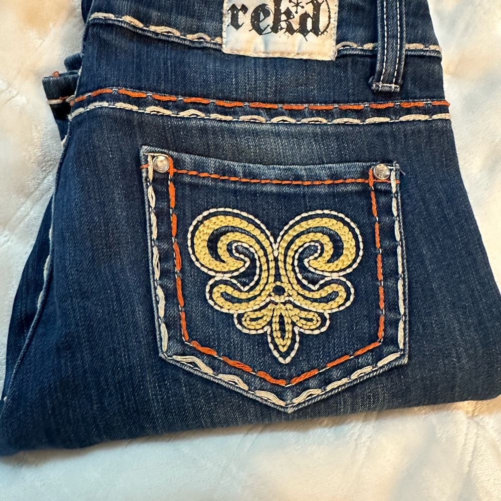 Orange and Yellow Straight Leg Jeans with Decorative Embroidery